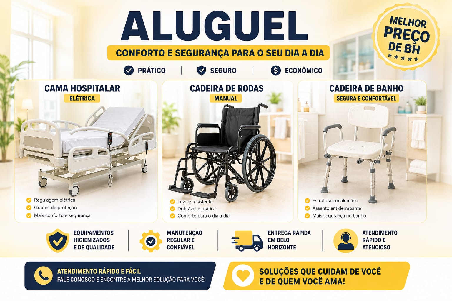 Aluguel de cama hospitalar, cadeira de rodas e cadeira de banho em Belo Horizonte