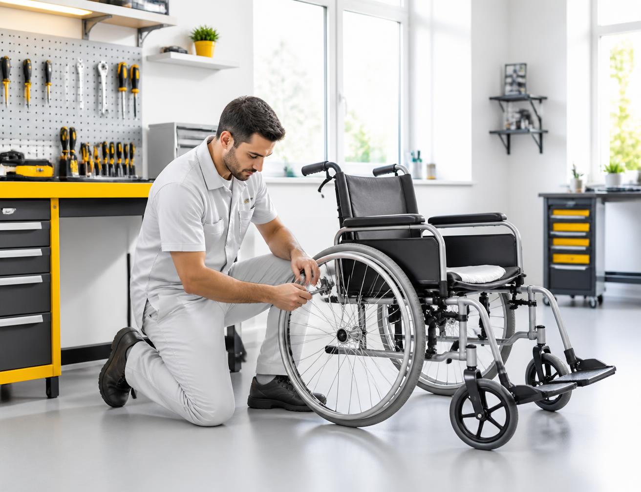 Técnico especializado realizando manutenção em cadeira motorizada