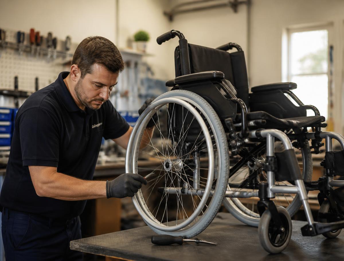 Técnico realizando manutenção em cadeira de rodas